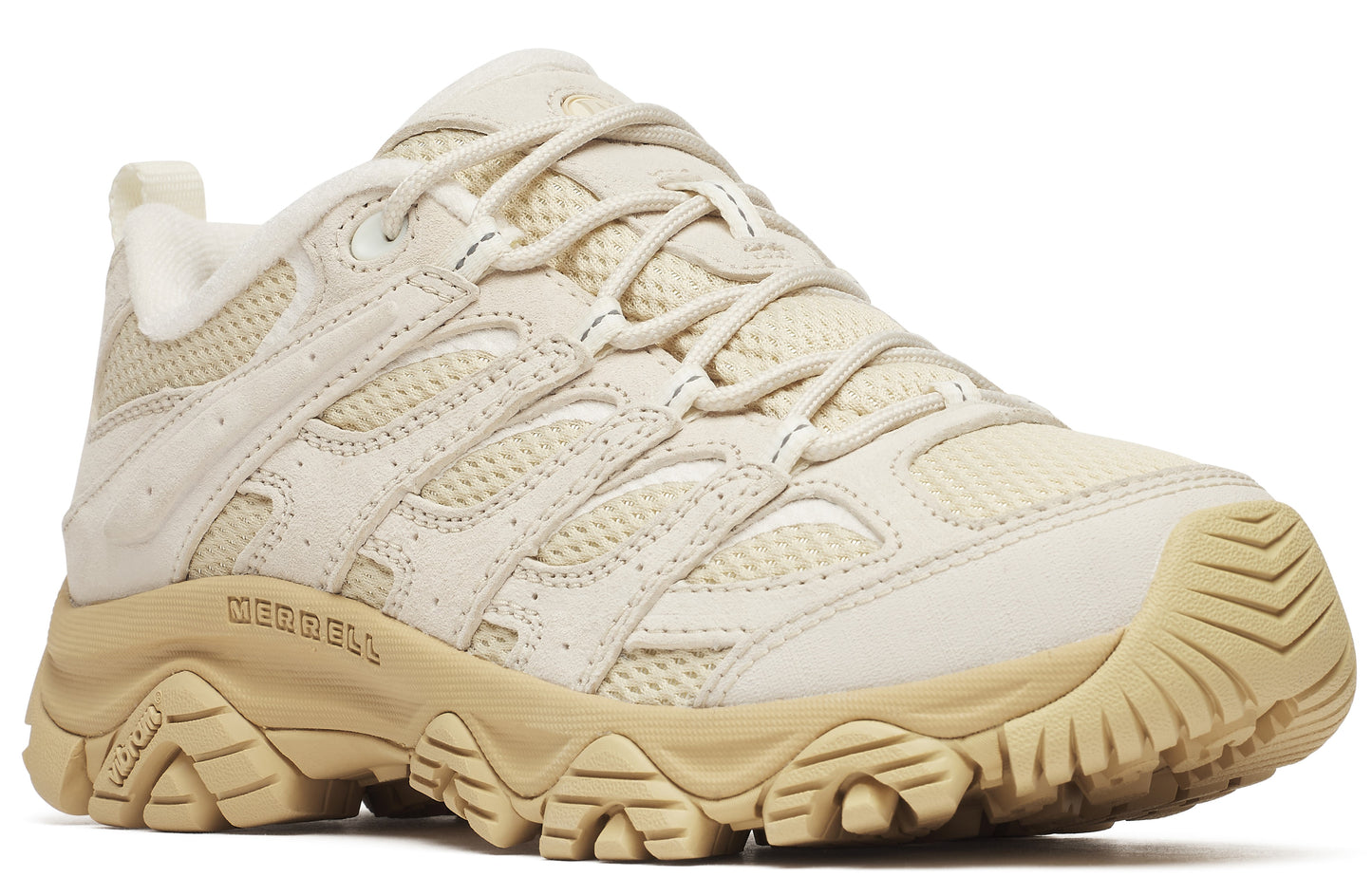 Tan athletic shoe with tan laces and lug sole.