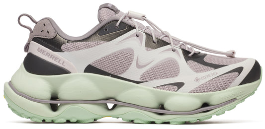 A light gray running shoe with a light green bubbly sole and the text MERRELL and GORE-TEX.