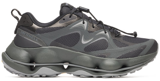 Gray sneaker with bungee laces and a thick, hollow sole.