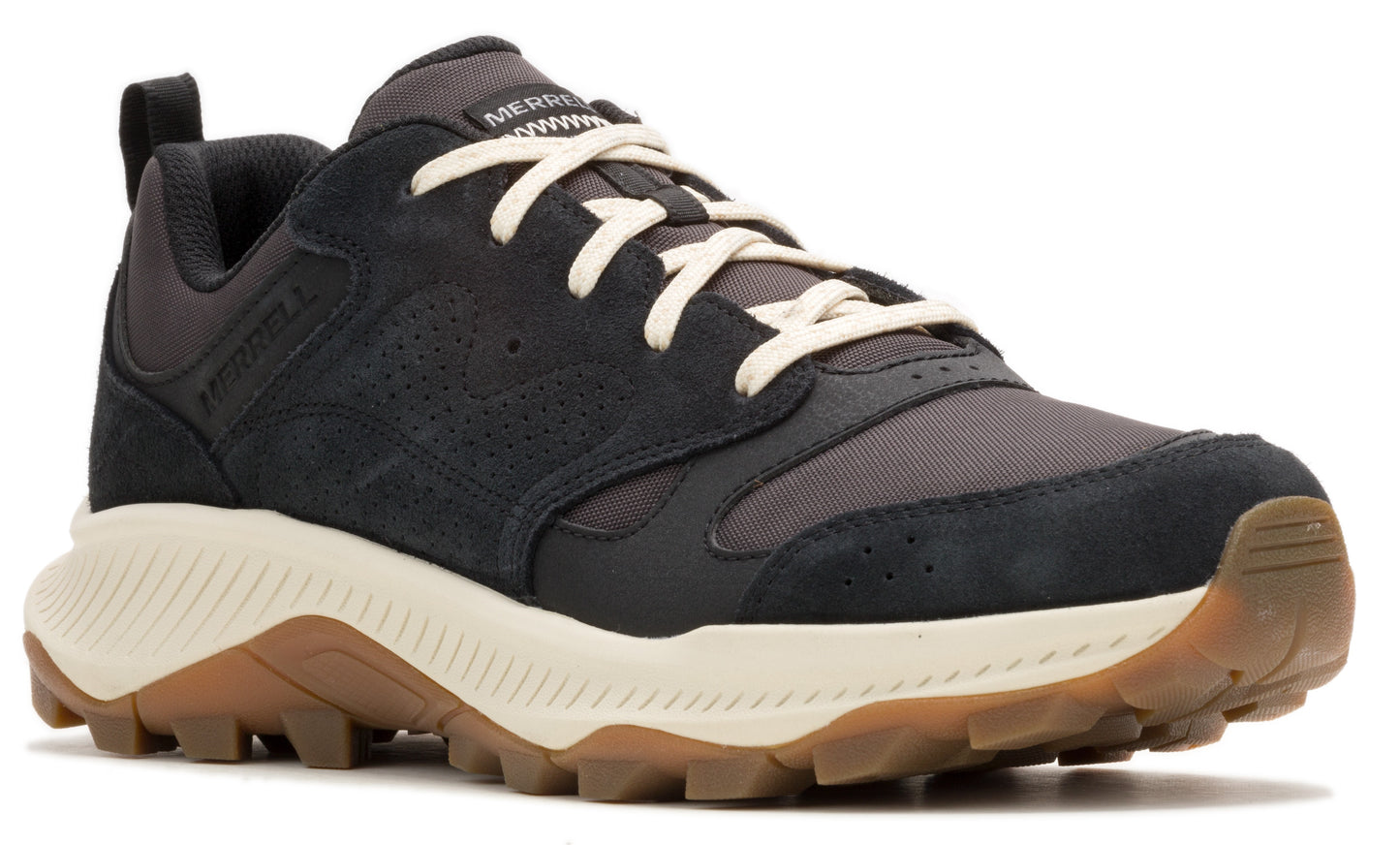 Low-rise sneaker featuring dark upper, light laces, beige midsole, and dark lug outsole. Text "MERRELL" is on the heel.