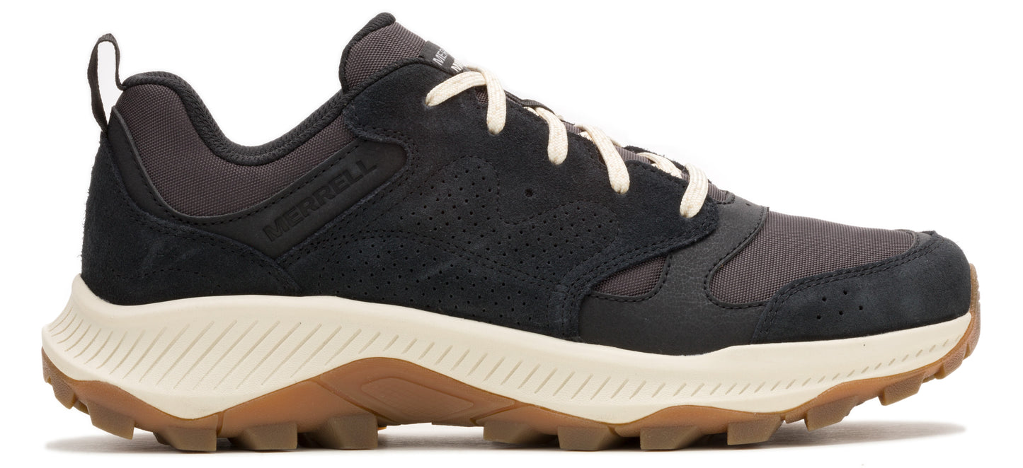 A low top brown and black hiking shoe with a lug sole and white laces.