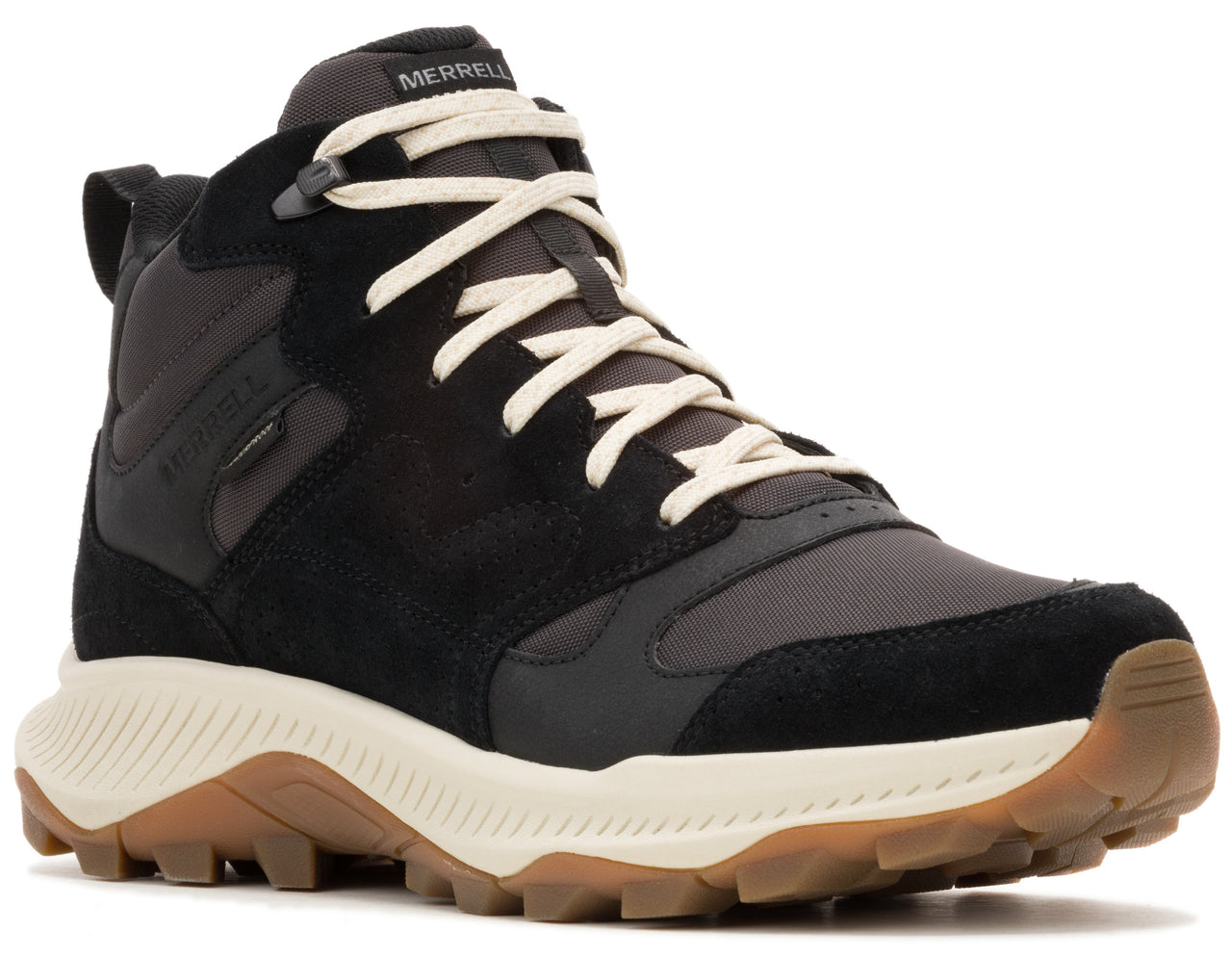Hiking boot, dark color scheme, tan laces, layered textured panels, thick white and brown sole.