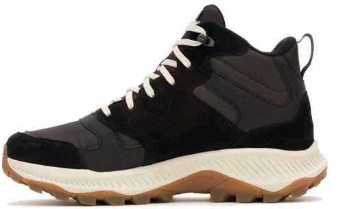 Black high top hiking shoe with beige laces and sole, suede and nylon paneling.
