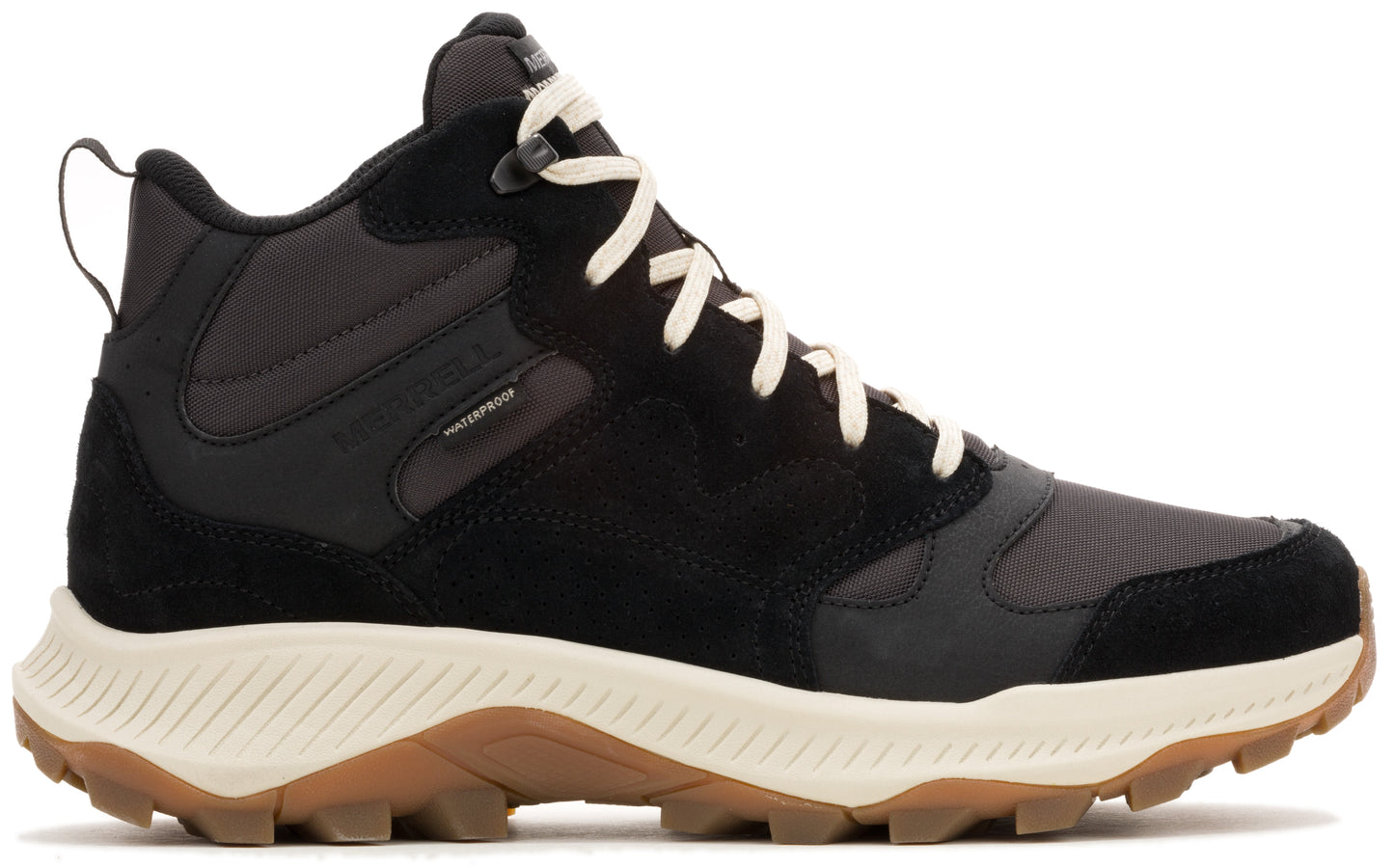 Black waterproof high-top hiking shoe with off-white laces and sole, and a brown outsole.