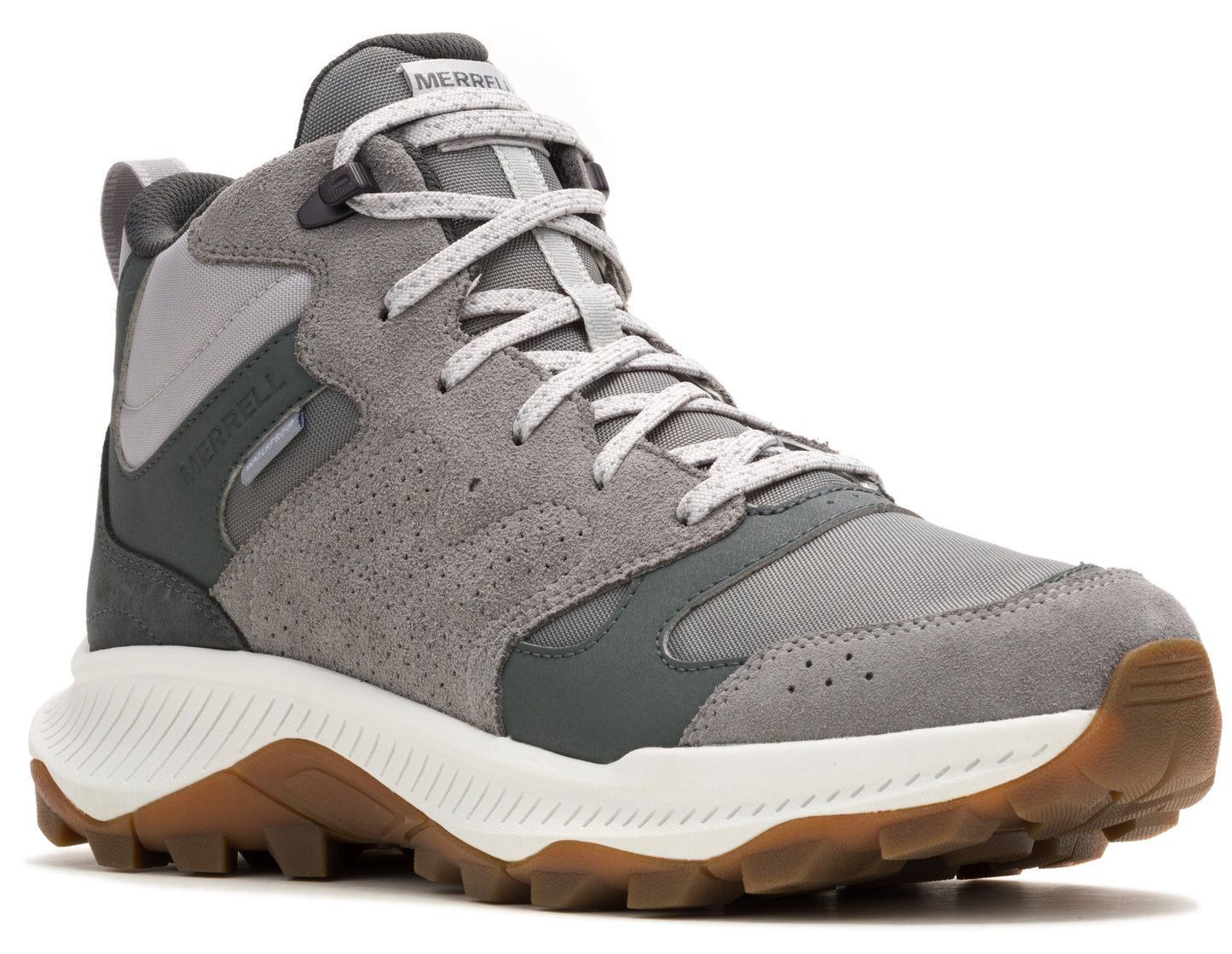 Gray suede hiking boot with a white midsole and brown lug outsole.