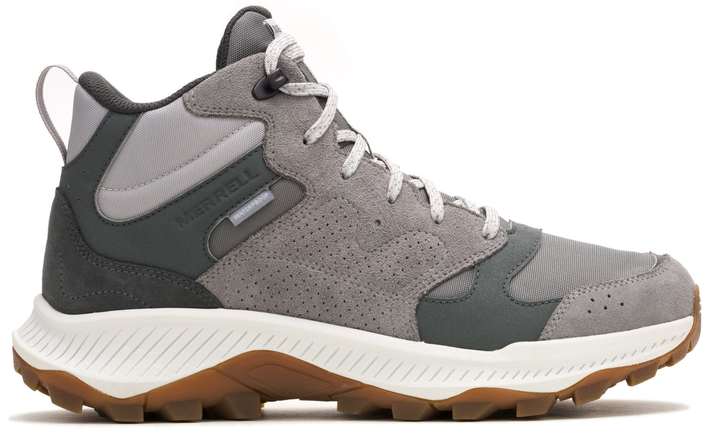 Grey hiking boot with white sole and brown bottom.