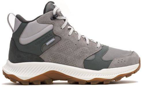Grey hiking boot with white sole and brown bottom.