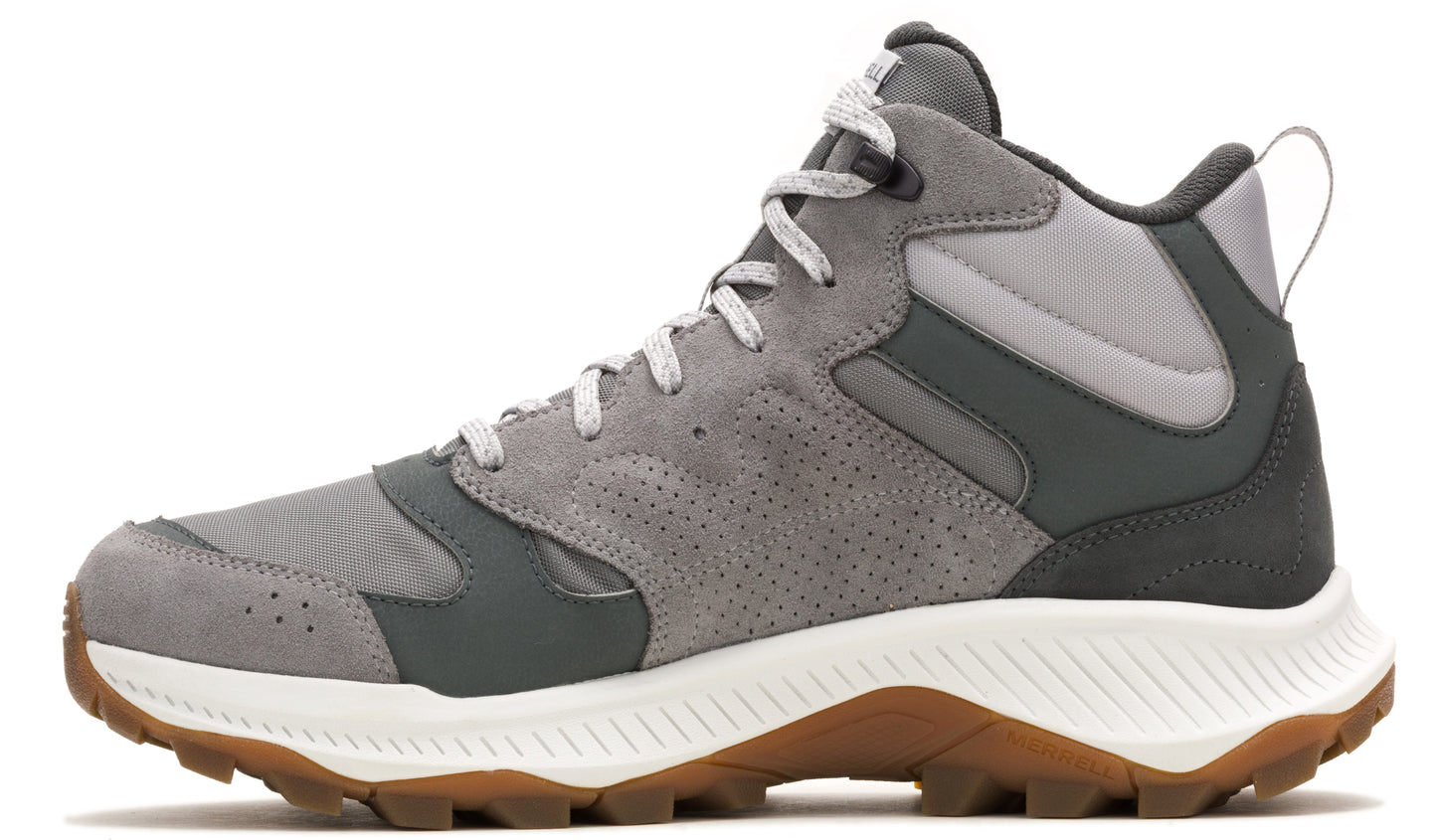 Grey hiking boot with a white sole and brown treads.