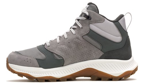 Grey hiking boot with a white sole and brown treads.