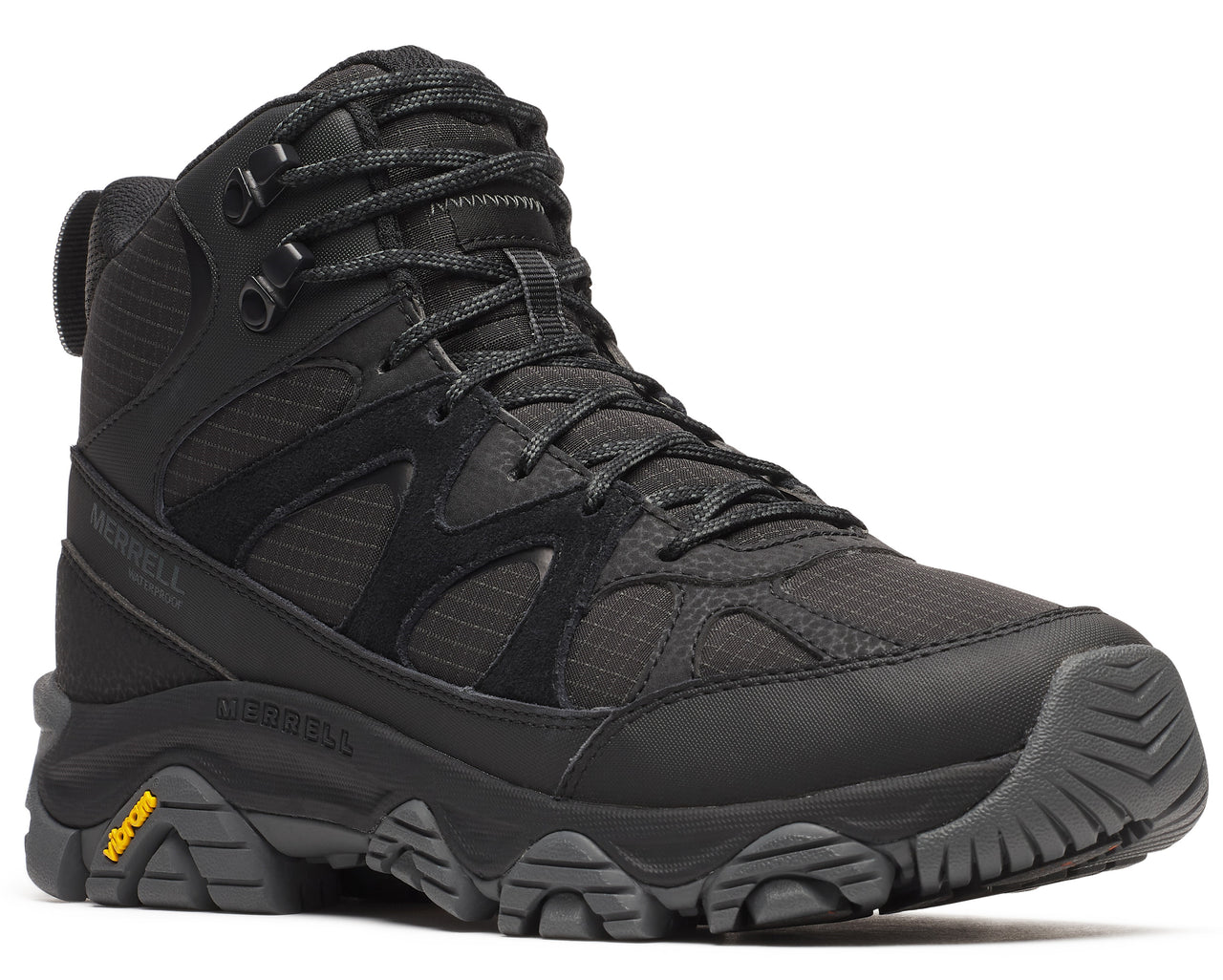 Black high-top hiking boot with black laces and yellow Vibram sole.