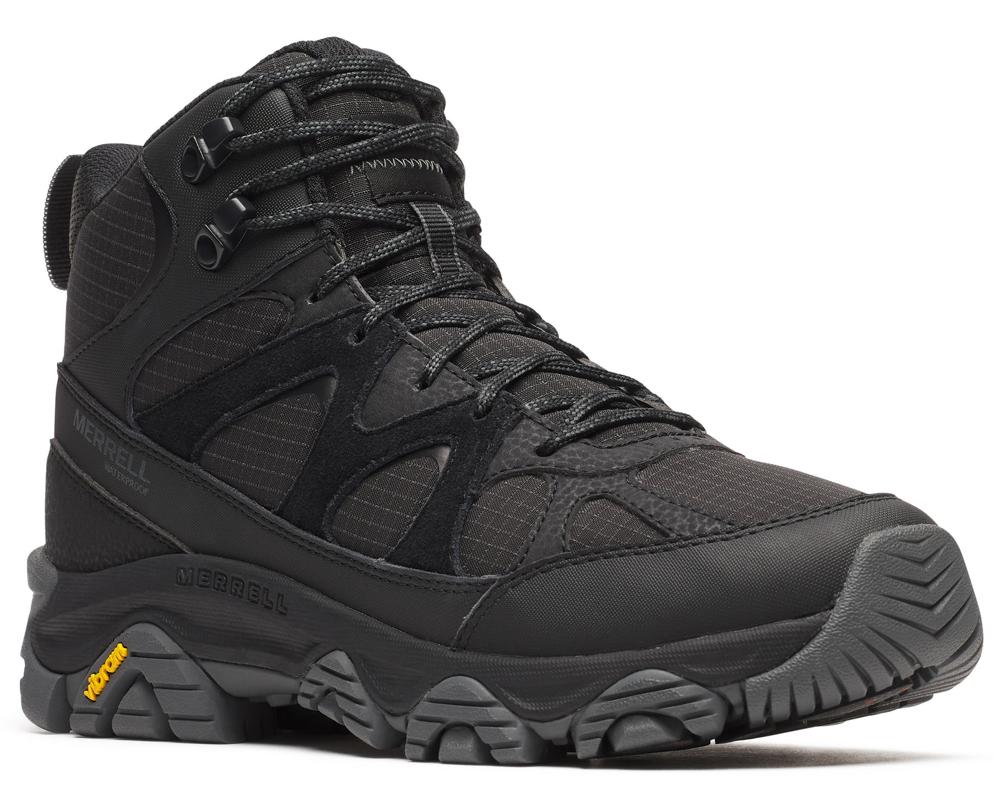 Black high-top hiking boot with black laces and yellow Vibram sole.