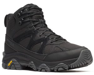 Black high-top hiking boot with black laces and yellow Vibram sole.