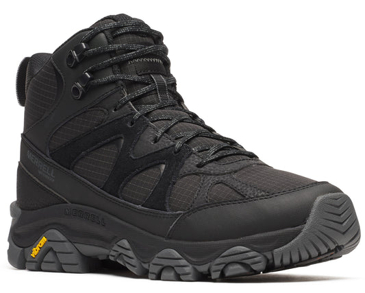 Black high-top hiking boot with black laces and yellow Vibram sole.