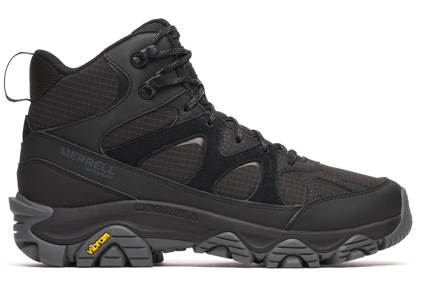 Black hiking boot with high ankle support and Vibram sole