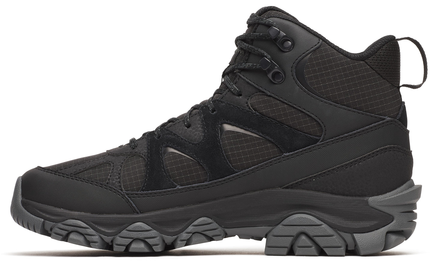 Black hiking boot with a high ankle and lugged sole.