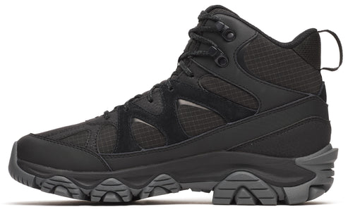 Black hiking boot with a high ankle and lugged sole.