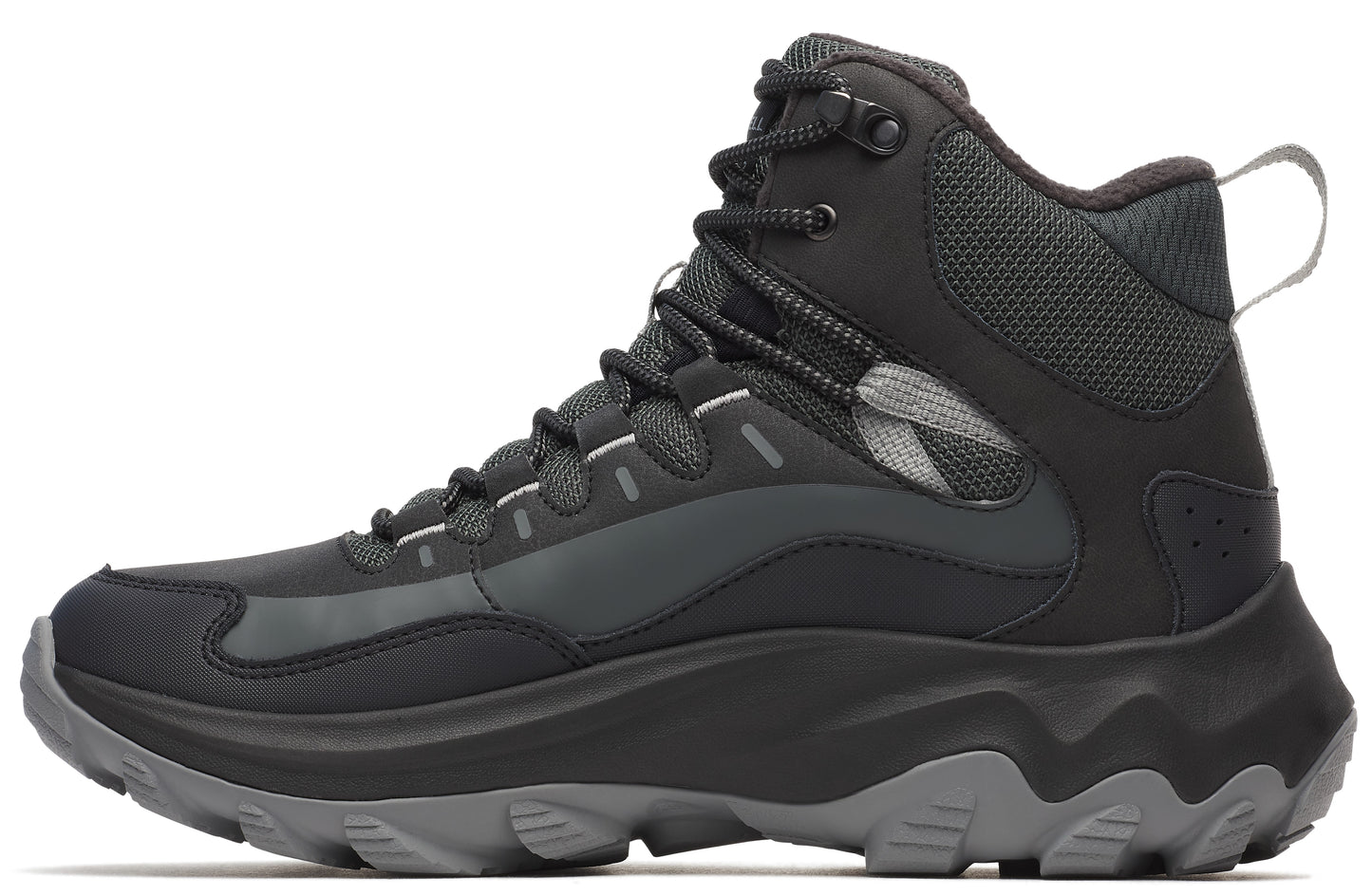 Black hiking boot with a thick gray sole, and gray accents.