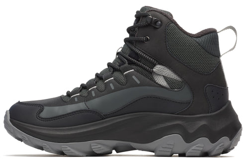 Black hiking boot with a thick gray sole, and gray accents.