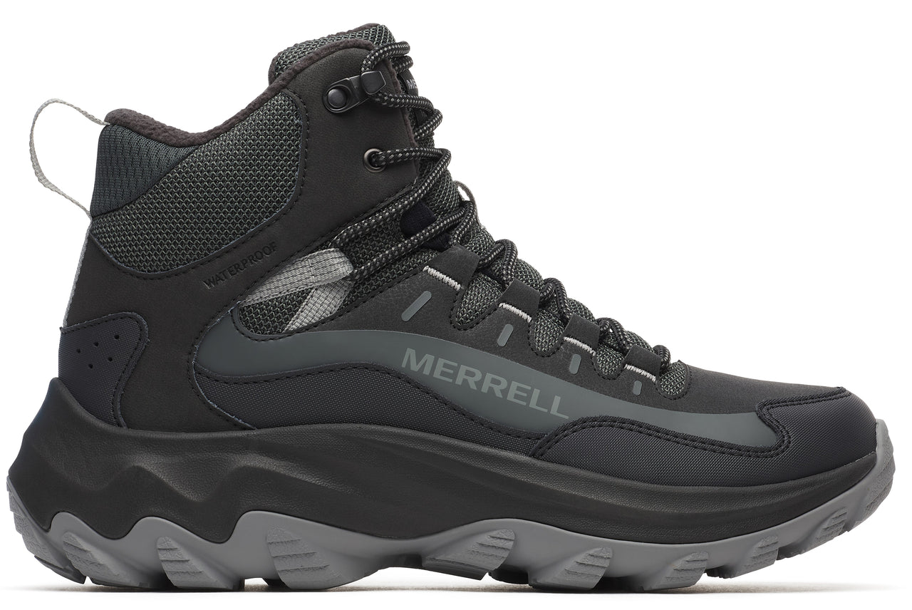 Black waterproof hiking boot with a gray sole and laces. It has a pull tab on the back and 'MERRELL' printed on the side.