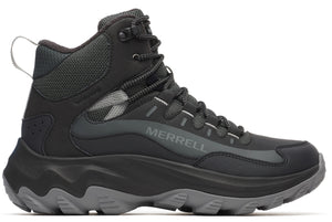 Black waterproof hiking boot with a gray sole and laces. It has a pull tab on the back and 'MERRELL' printed on the side.
