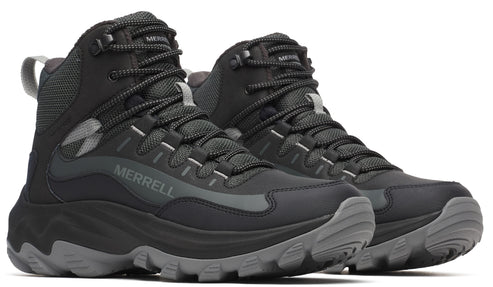 Pair of black hiking boots with gray soles and accents featuring the word MERRELL