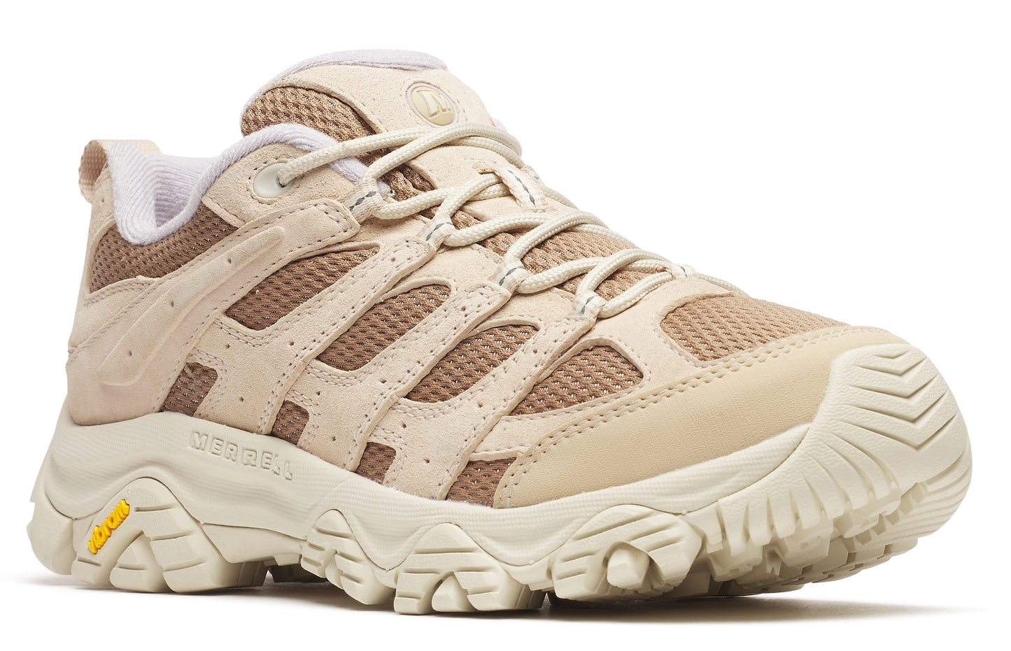 Tan and brown trail running shoe with a lugged sole.