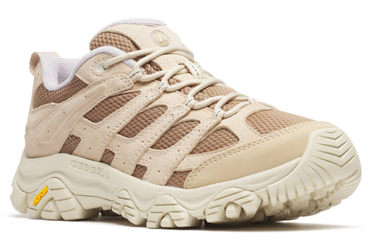 Tan and brown trail running shoe with a lugged sole.