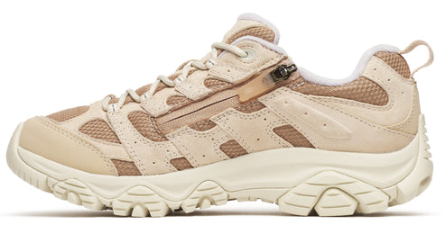 Beige hiking shoe with zippered lace cover and lug sole.