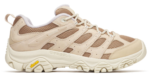 Beige hiking shoe with tan mesh paneling and a cream Vibram sole.