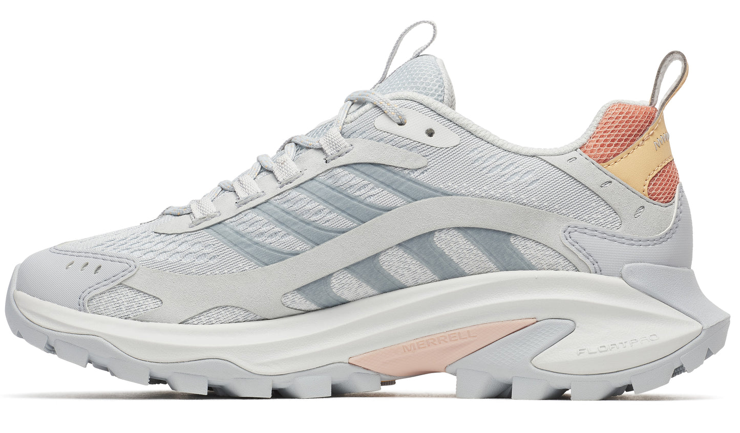 Light gray athletic shoe with three gray stripes and peach accents.