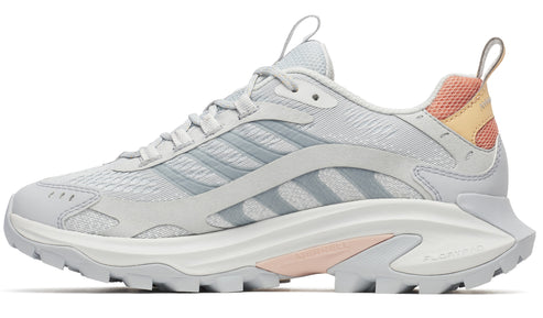 Light gray athletic shoe with three gray stripes and peach accents.