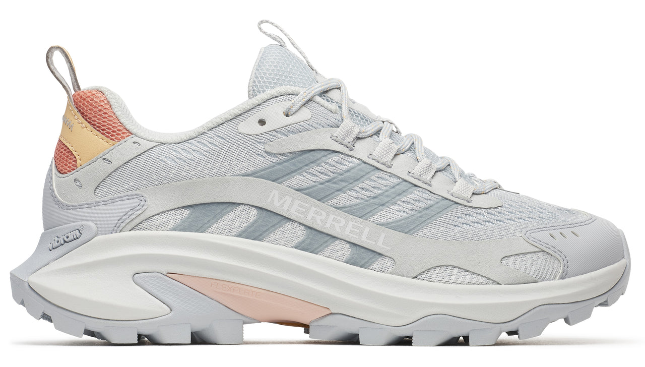 Light gray sneaker with white and light pink accents; the name "MERRELL" is visible on the side.