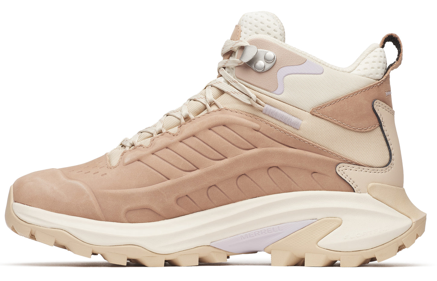 Tan and beige hiking boot with a textured sole.