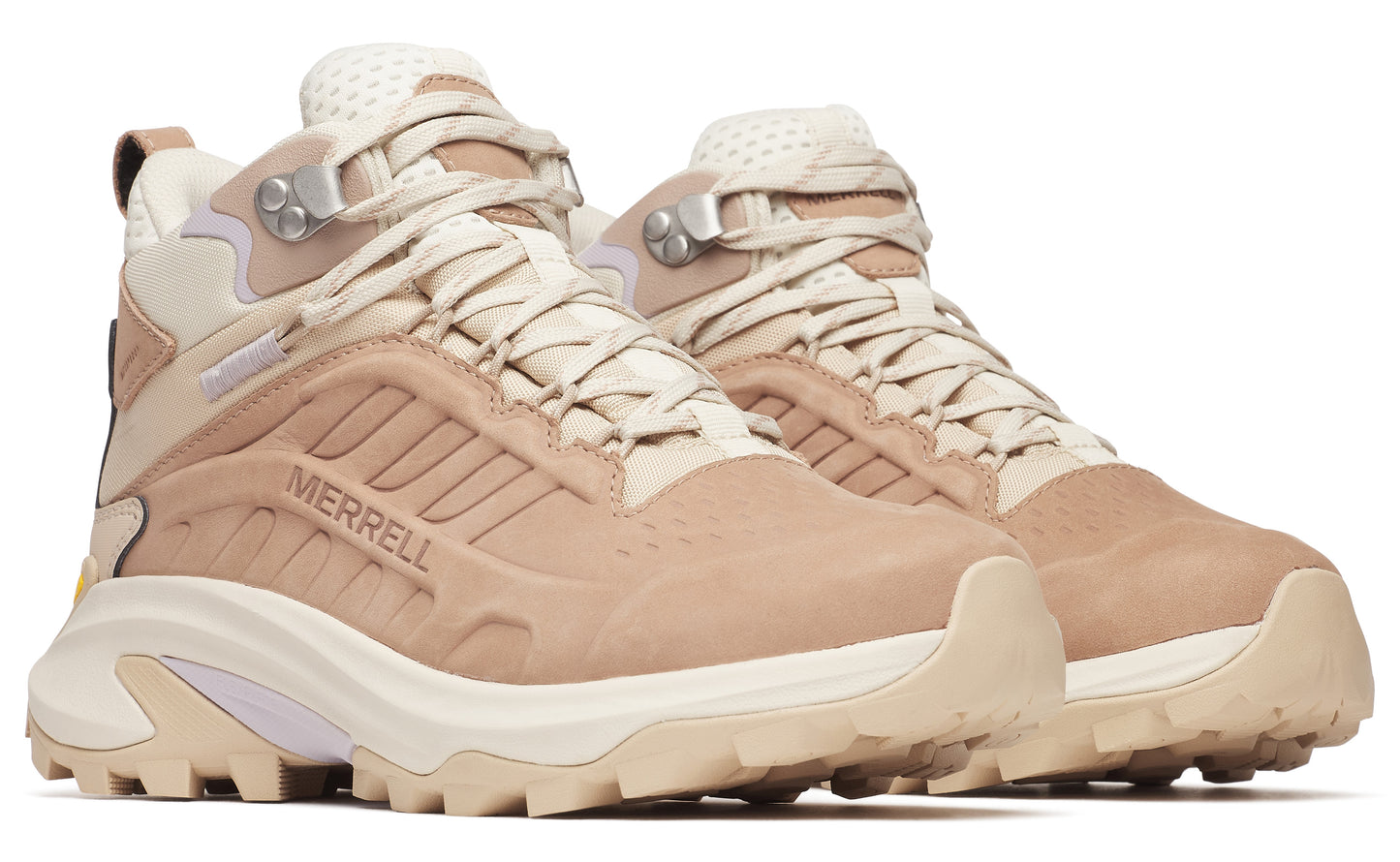 Tan-colored high top trail shoes with textured treads and "MERRELL" text on the side.