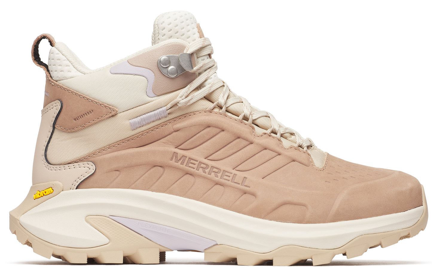 Beige hiking boot with the word "MERRELL" in beige letters and cream colored soles.