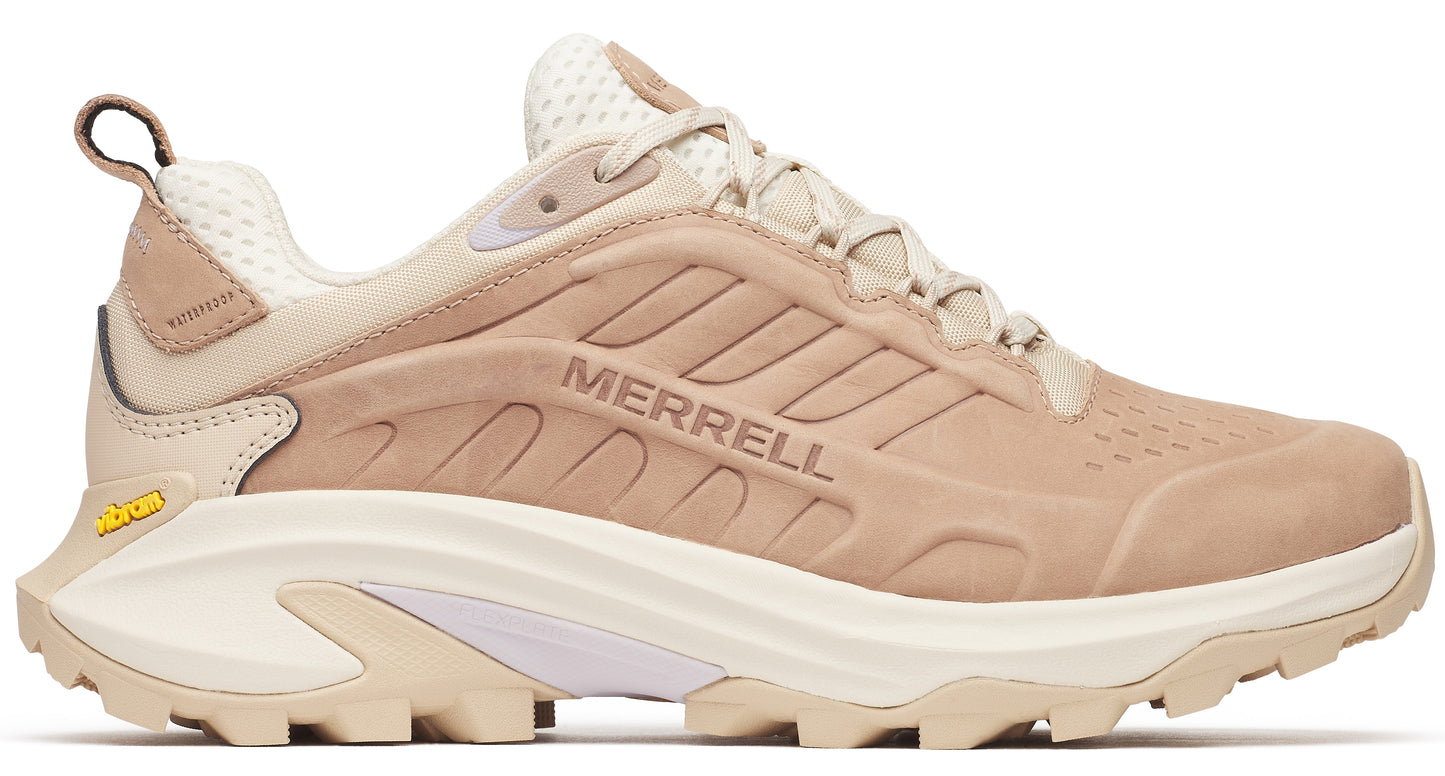 Tan athletic shoe with white midsole and black "MERRELL" lettering.