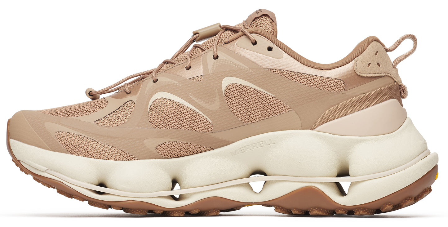 Tan athletic shoe with cream colored midsole and brown sole.