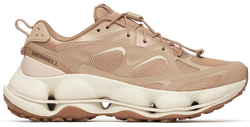Tan sneaker with white textured midsole and toggle laces. MERRELL is visible on the side.
