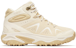 Beige hiking boot with tan sole and lace up closure.