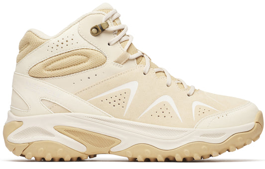 Beige hiking boot with tan sole and lace up closure.