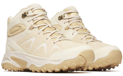 Beige high top sneakers with matching laces and thick lug sole.