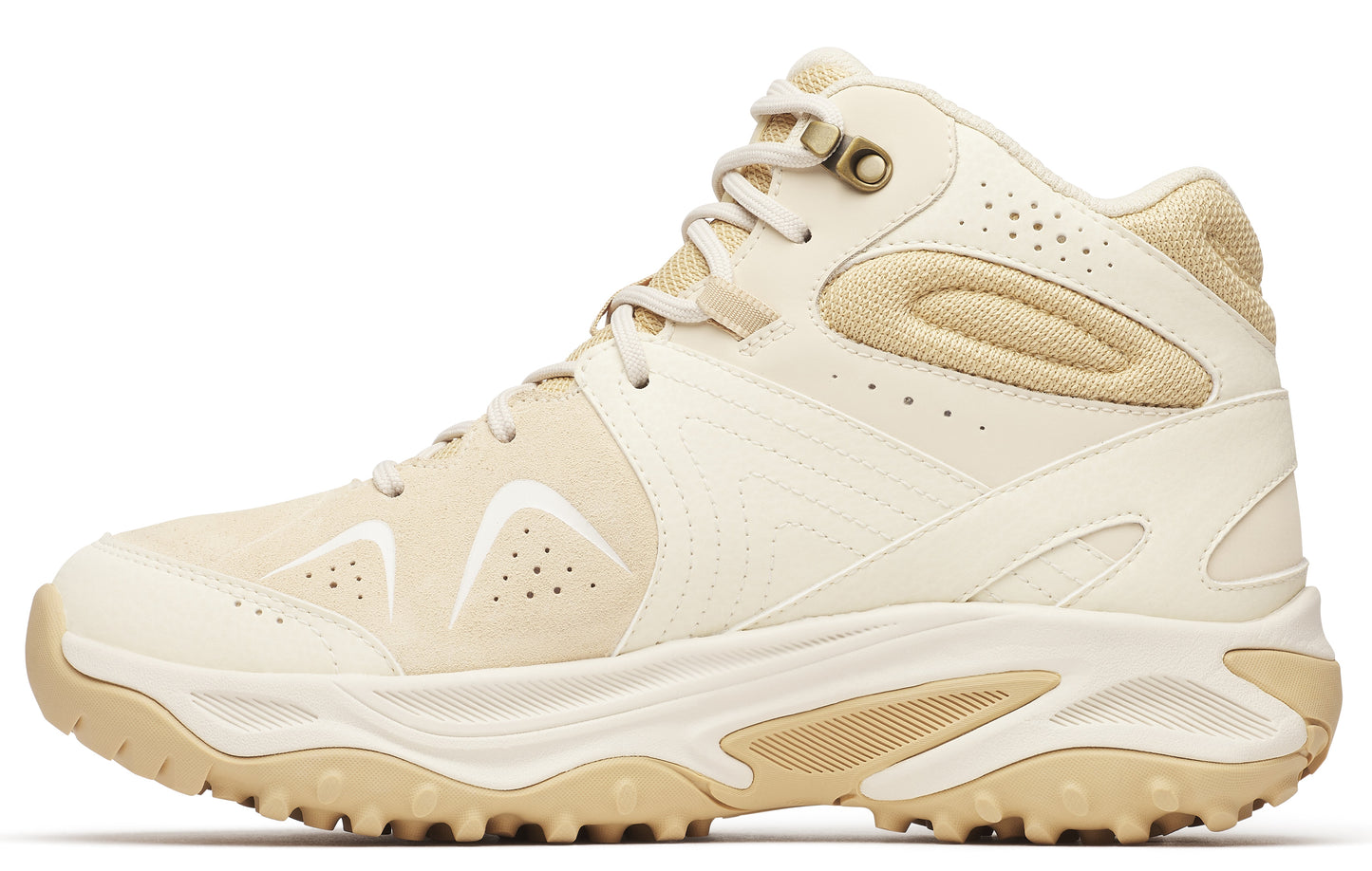 Beige high-top sneaker with a lugged tan sole.