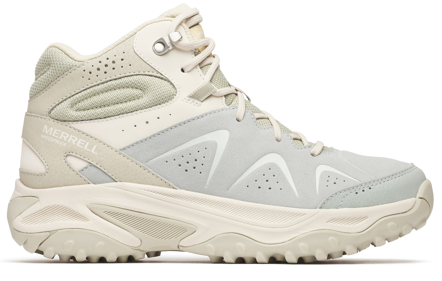 Beige high-top hiking boot with white accents, featuring visible 'MERRELL' lettering.