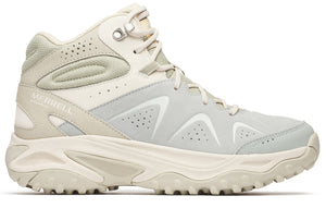 Beige high-top hiking boot with white accents, featuring visible 'MERRELL' lettering.
