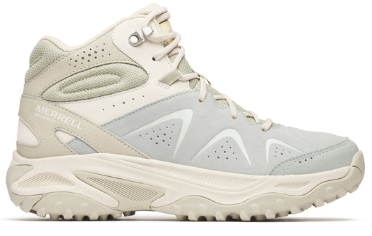 Beige high-top hiking boot with white accents, featuring visible 'MERRELL' lettering.