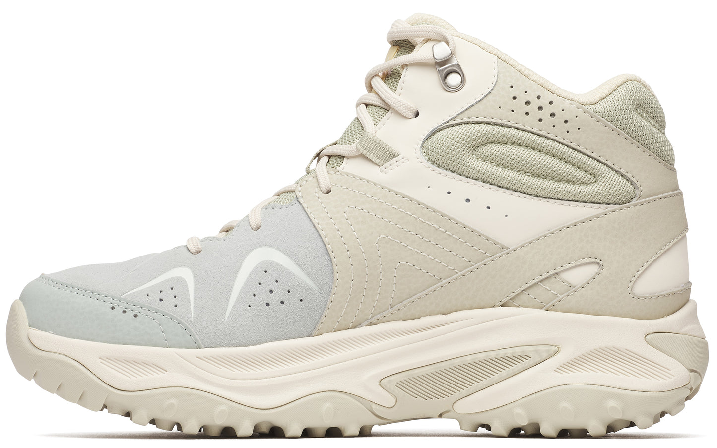 Light gray and cream mid-top hiking shoe with laces, durable-looking soles, and heel support.