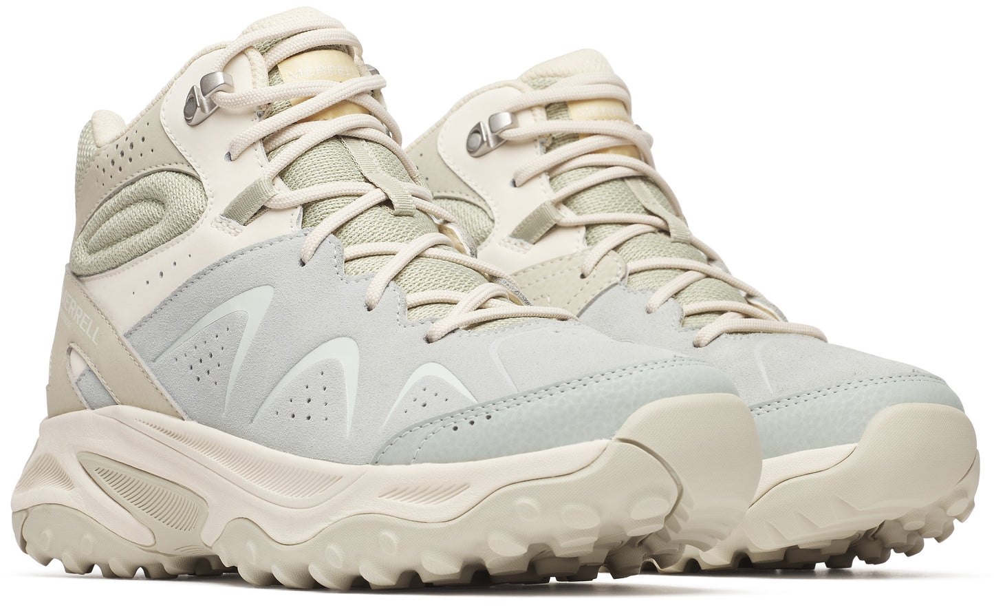 Two high-top athletic shoes, mostly gray and off-white, with a thick lug sole.