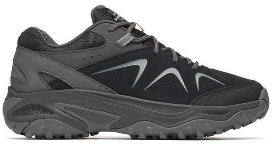 A black and gray hiking shoe with a lugged sole and reflective accent.