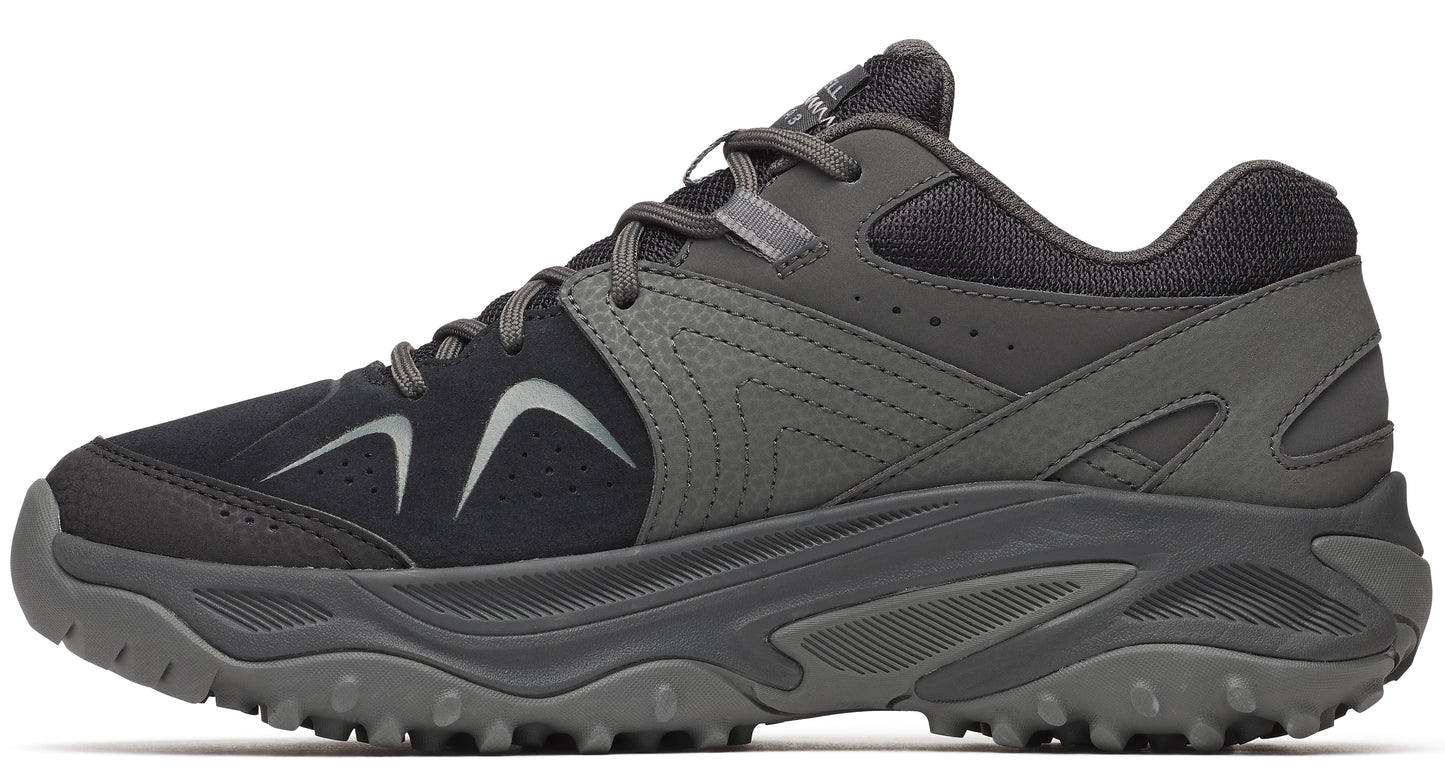 Low-top athletic shoe with a gray treaded sole and dark gray laces and upper.