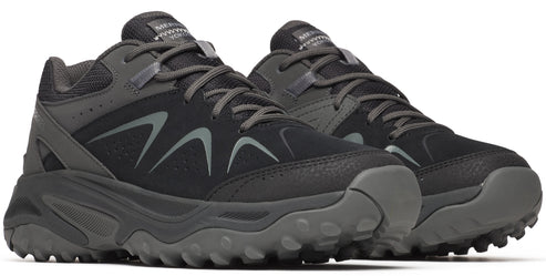 A pair of black and gray low-top trail running shoes with gray laces.